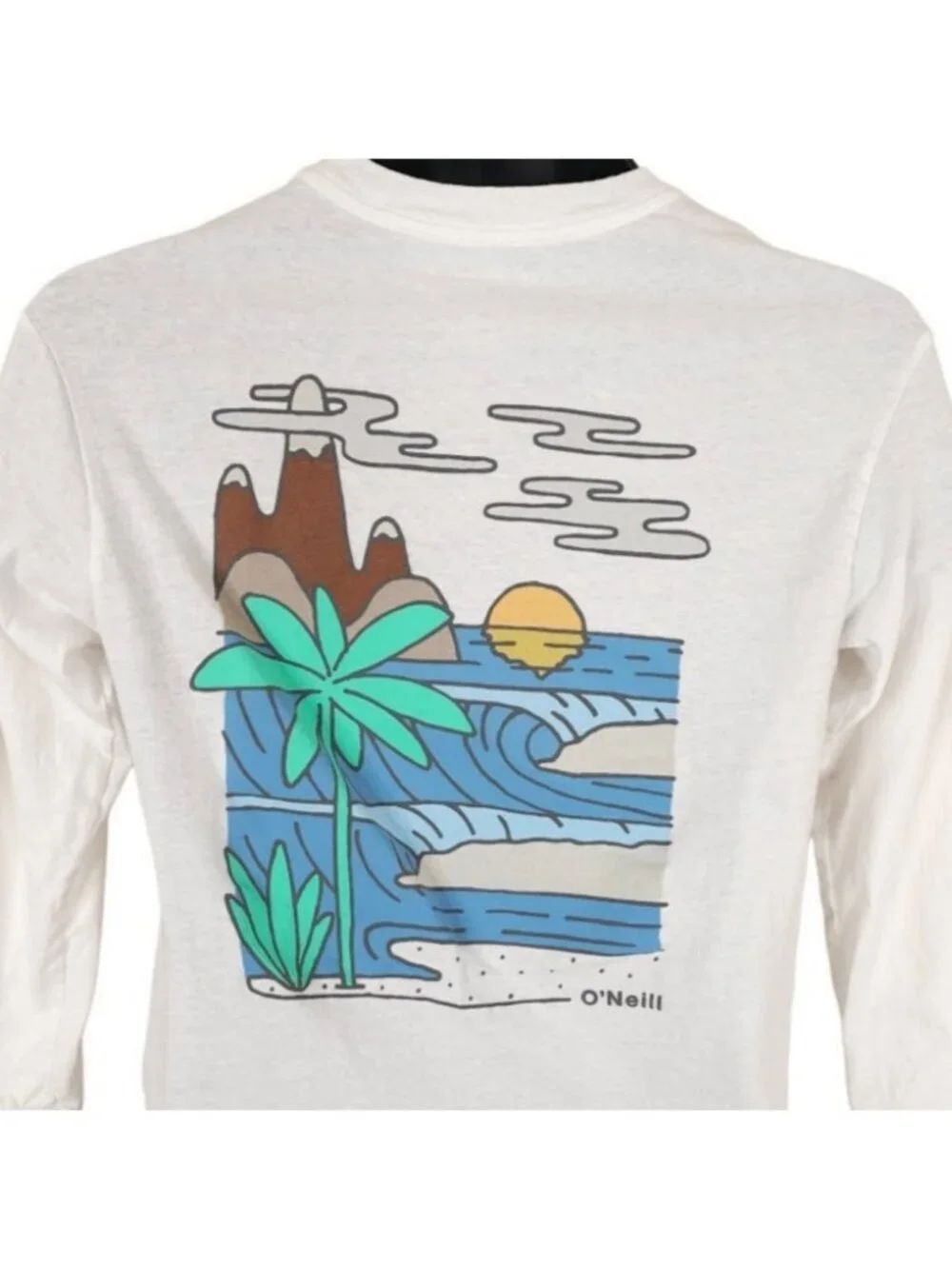 ONeill Surfer T Shirt Youth Size Medium White Beach Palm Trees Long Sleeves